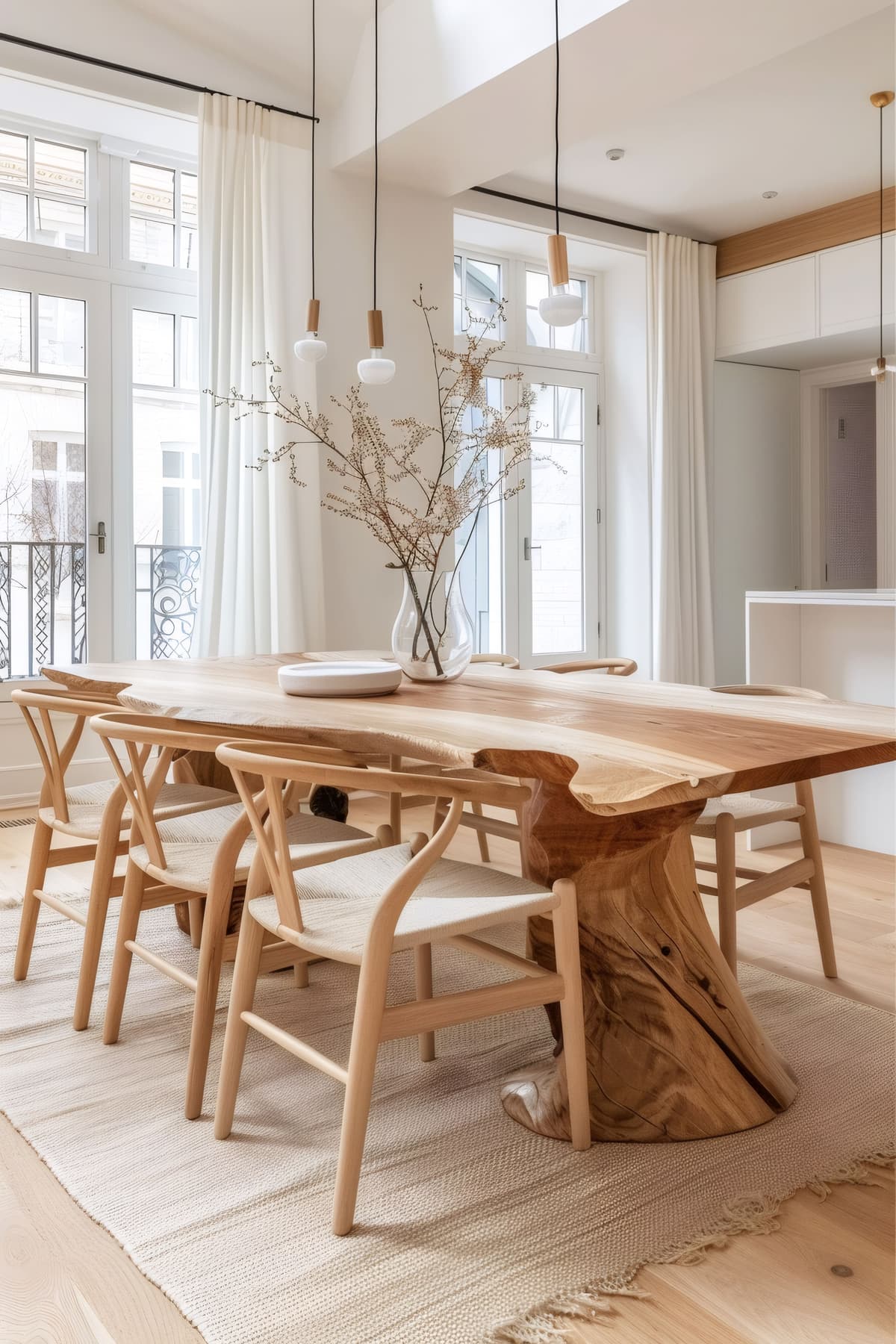 Sala de Jantar Clara com Mesa Orgânica